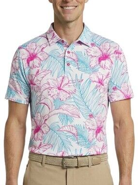 NWT BirdieBound Hawaiian Floral Golf Polo Shirt Pink & Blue